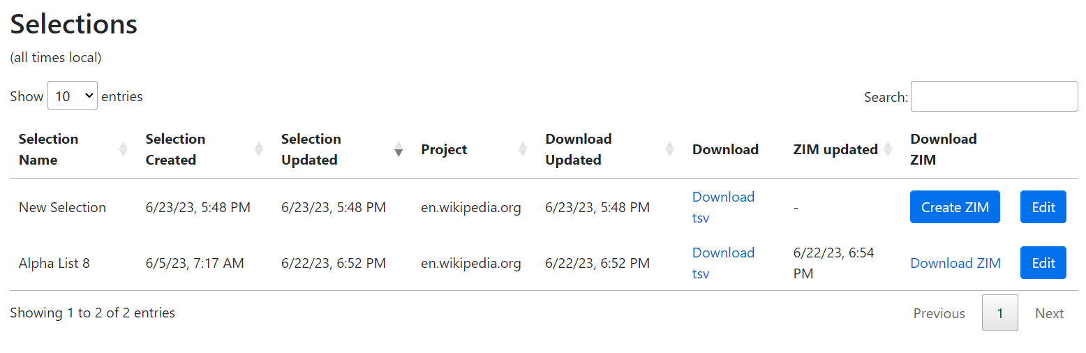 Screenshot of WP1 Selections list