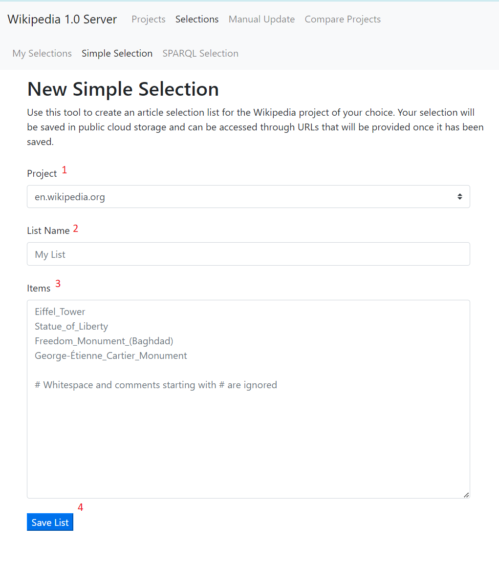 Screenshot of form in WP 1.0 website for creating a Simple
selection