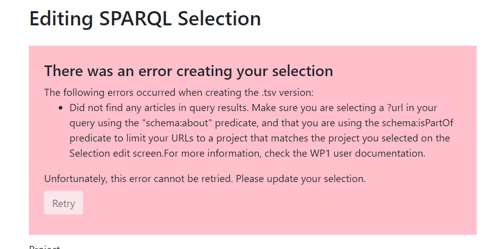 Screenshot of error message that may appear on SPARQL selections about article in query results