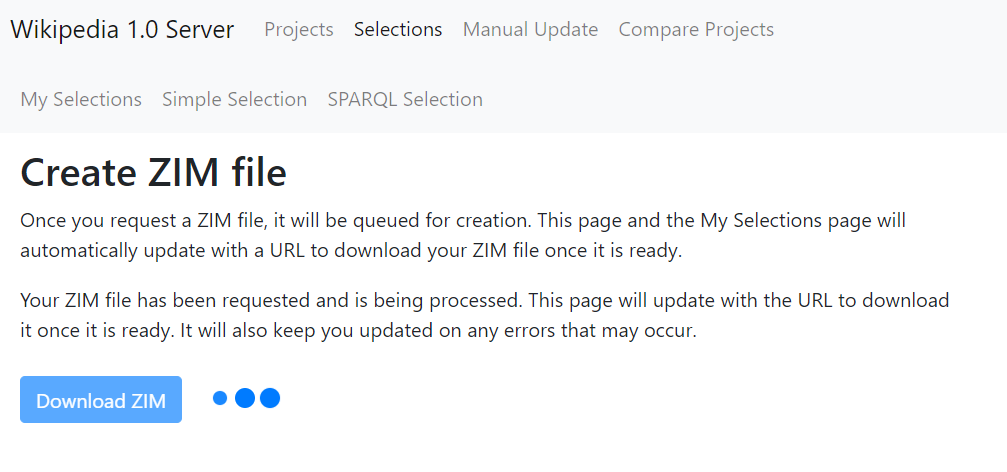 Screenshot of WP1 ZIM creation screen after ZIM requested