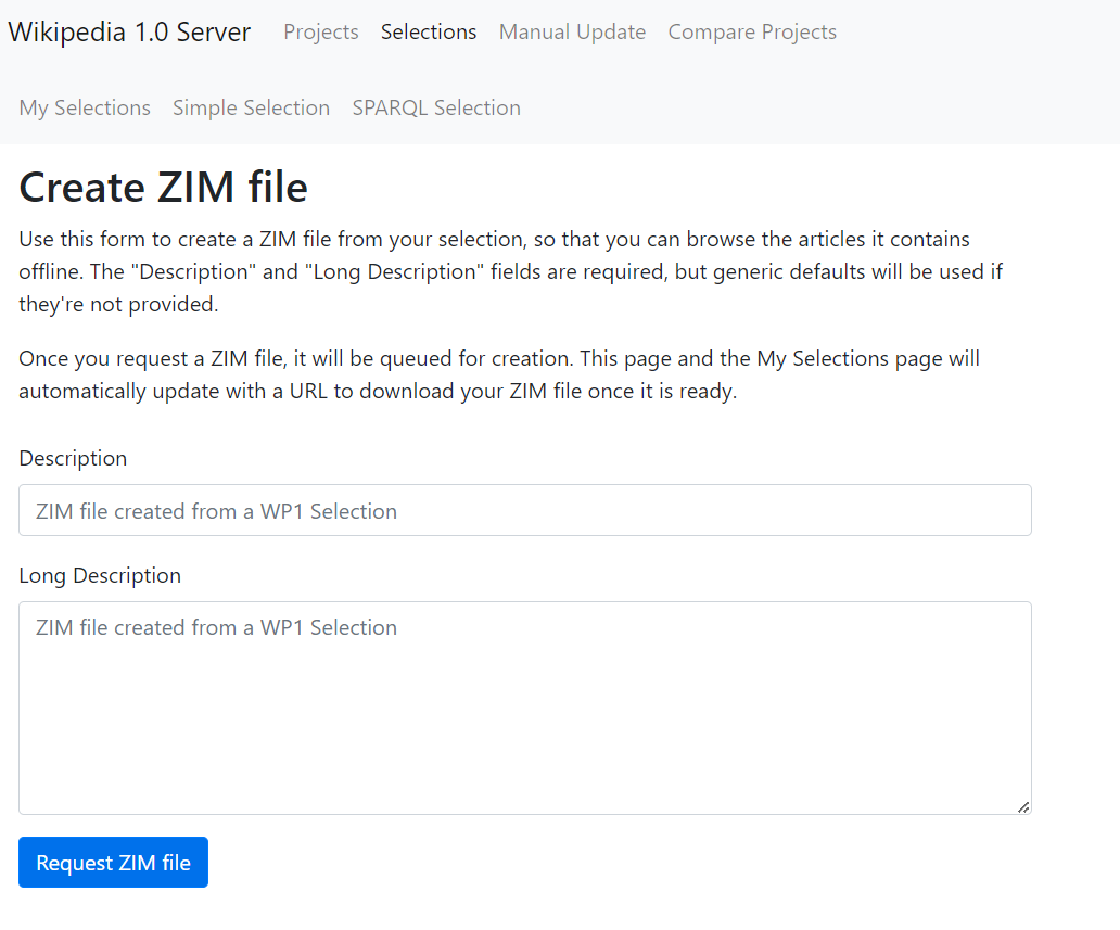 Screenshot of WP1 ZIM creation screen