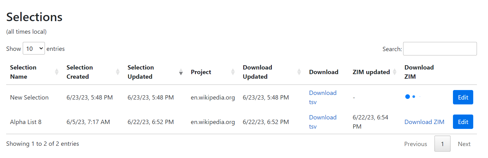 Screenshot of WP1 Selections list with ZIM spinner